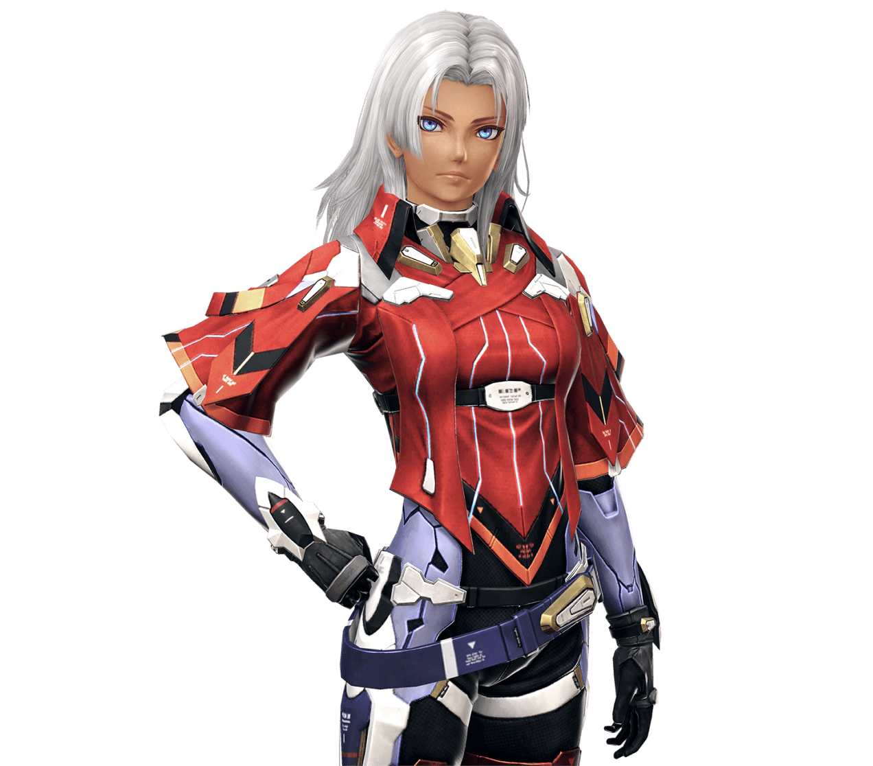 Elma, a young woman with white hair, strikes a confident pose.