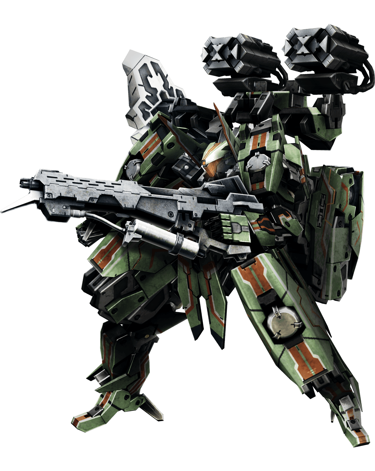 A green Skell with brown detailing stands ready with a large machine gun.