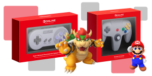 NSO SNES and NES controllers with retro Mario game art