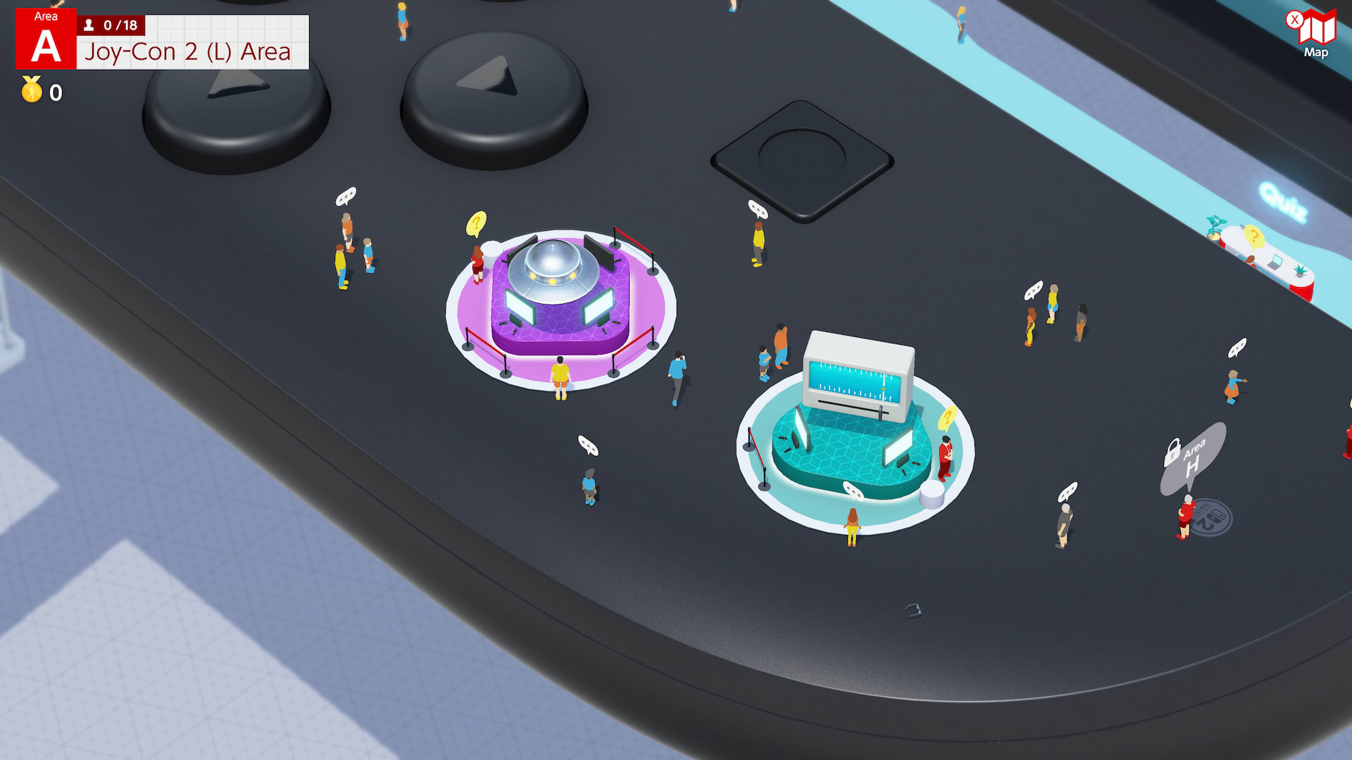 Coloridos puestos de exposición sobre el control Joy-Con 2 izquierdo atraen a los participantes en exhibiciones que muestran las funciones del control por mouse y la vibración HD 2.